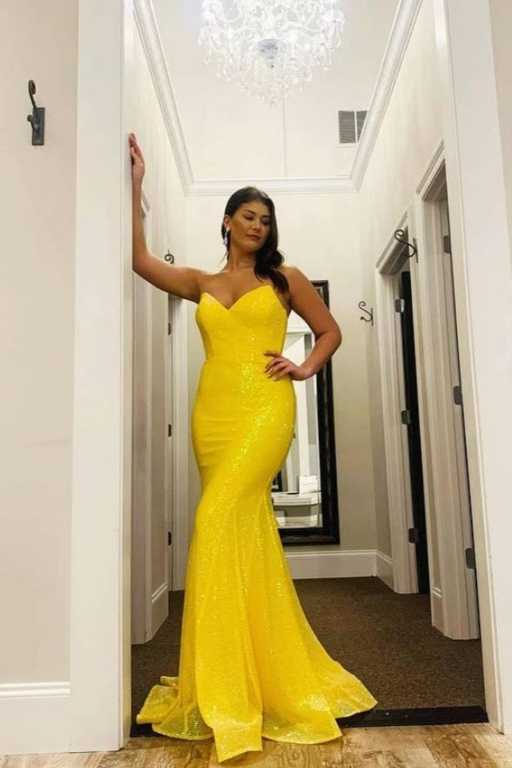 LTP0389,Yellow strapless sleeveless mermaid long prom dress trumpet sequin dress