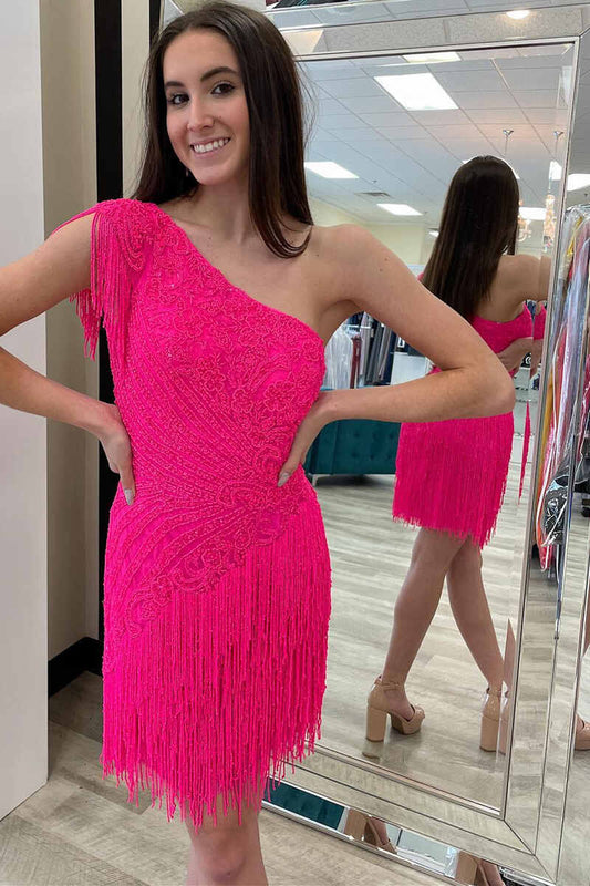 LTP1185,Hot Pink One-Shoulder Beading Tassel Short Homecoming Dress