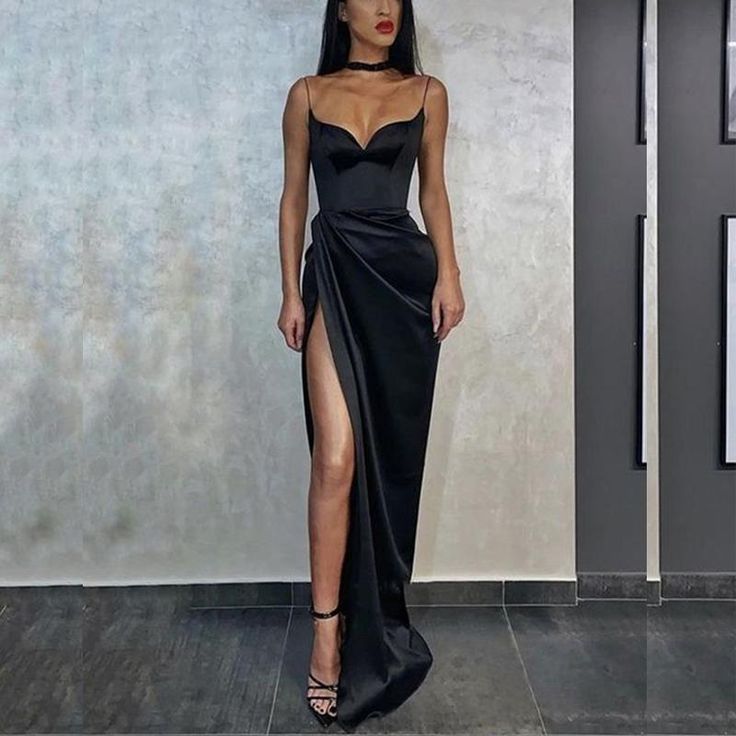 LTP0136,Discount Sexy Sheath Sweetheart Black Silk Satin Long Prom Dresses with Slit