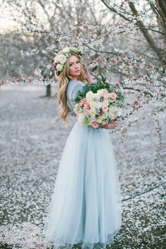 LTP0457,Light Blue Long Sleeves Prom Dresses Tulle Velvet Top Long Evening Gown