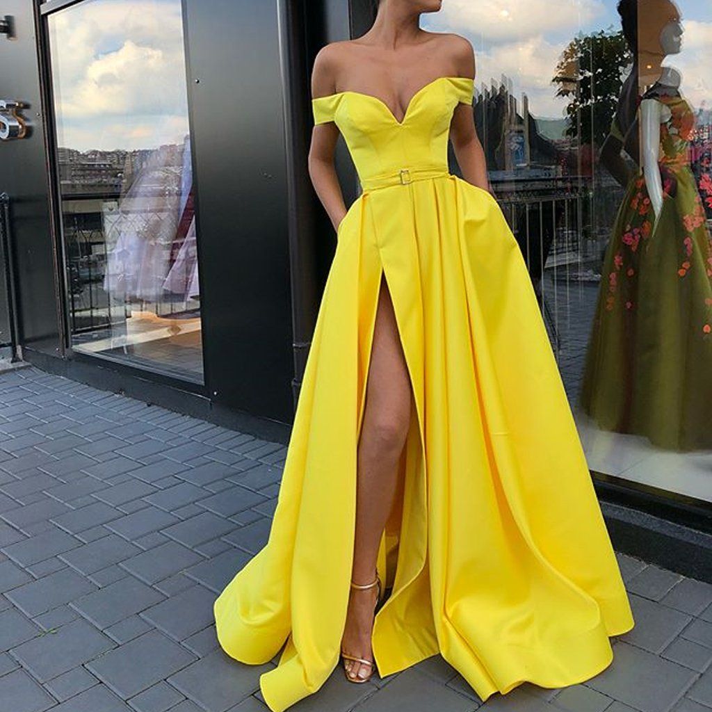 LTP0399,Yellow off the shoulder a line satin prom dress long prom evening gowns discount dresses
