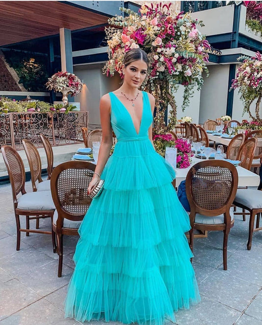 LTP0616,Sexy V-Neck Tulle Prom Dress Ruffle Long A-Line Prom Dresses