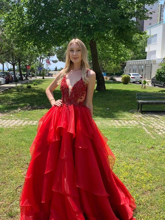 LTP0236,Red Prom Dresses Organza Formal Dress A-Line Evening Dress Red Dance Dresses School Party Gown