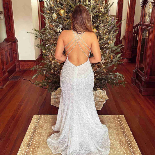 LTP0727,Tie Straps White Sequins Long Prom Dress Mermaid Halter Evening Dresses