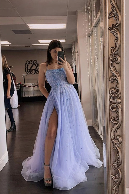 LTP0850,Lavender prom dresses beaded spaghetti straps long evening dress with side slit