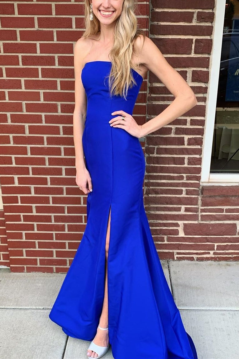 LTP0450,Royal blue strapless mermaid long prom dress evening dress with side slit