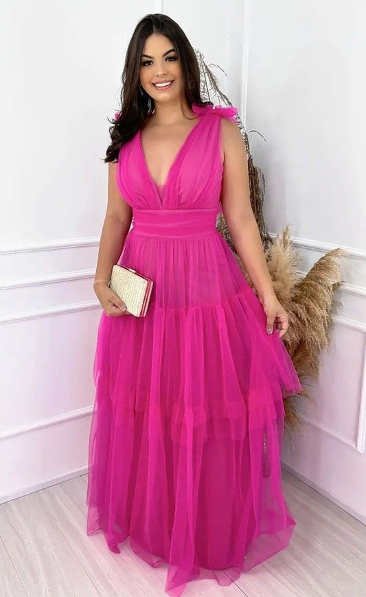 LTP1214,Empire A-line Pink Tulle Long Formal Dress,Hot Pink A-Line Evening Prom Dresses