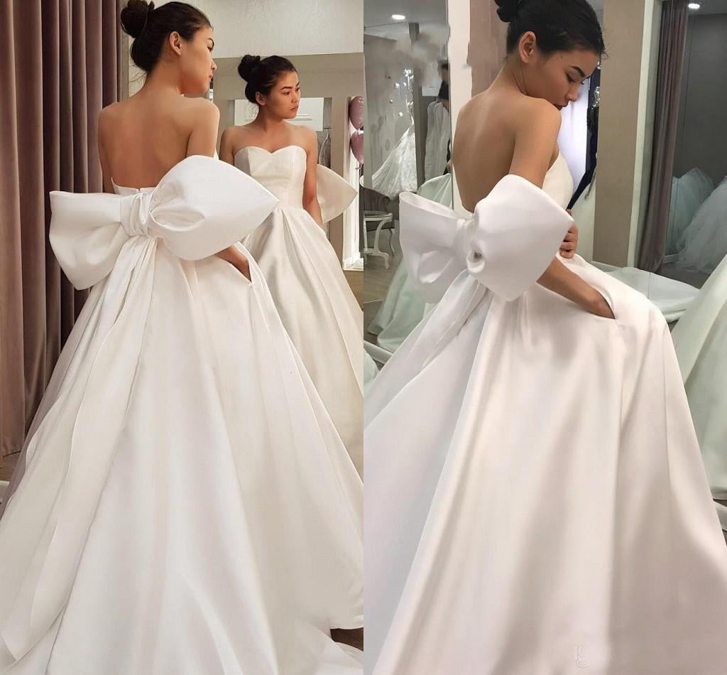 LTP0810,Noble White Simple Designed Satin Wedding Dresses Big Bow Sash A Line Backless Sweetheart Western Bridal Gowns