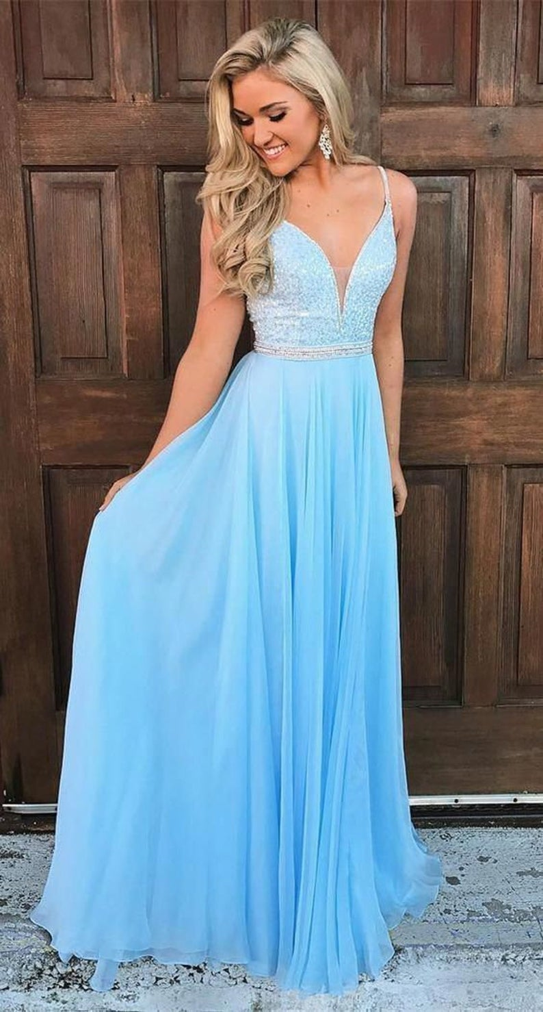 LTP0213,Light blue chiffon prom dresses spaghetti straps v neck long e – Laylatailor Shop