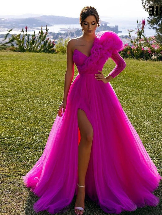 LTP1666,Hot Pink Floral A-Line Tulle Prom Dresses,Long Split Evening Party Dresses,Wedding Party Dress