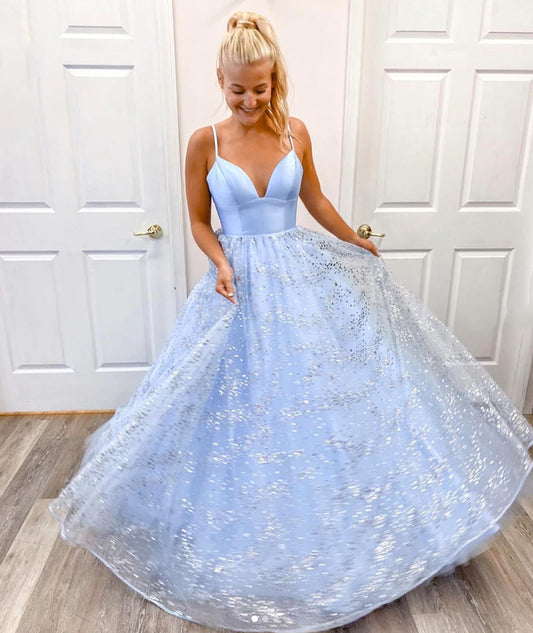 LTP1033,Charming Tulle V neck Blue Starry Sequin Prom Dress, Long A-Line Evening Dress