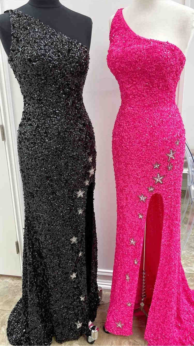 LTP0728,Glitter One Shoulder Hot Pink Prom Dress Sequin Evening Dresses Split Mermaid Prom Gown