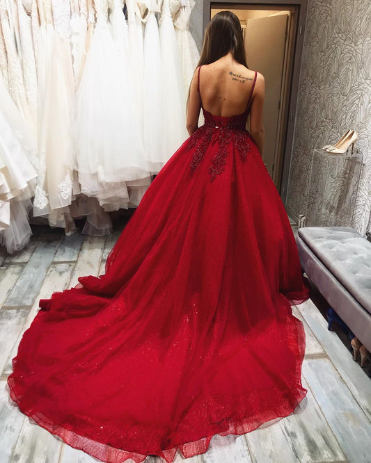 Burgundy V-Neck Prom Dress - Tulle A-Line Evening Gown