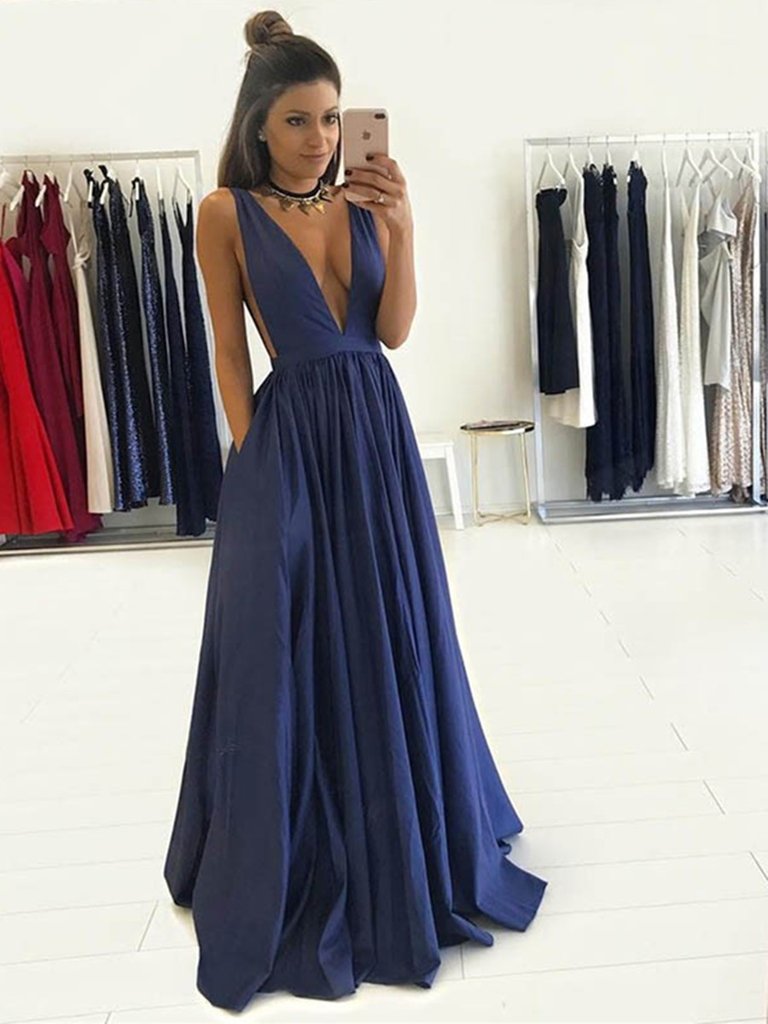 LTP0102,Sexy Navy Blue Deep V-Neck Long A-Line Prom Dress Graduation Party Dress