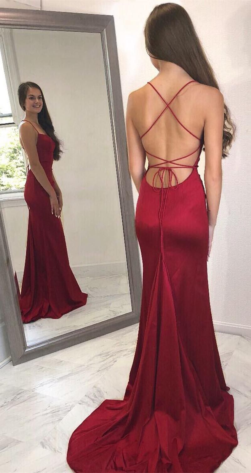 LTP0682,Red mermaid long prom dress cross back satin evening dresses
