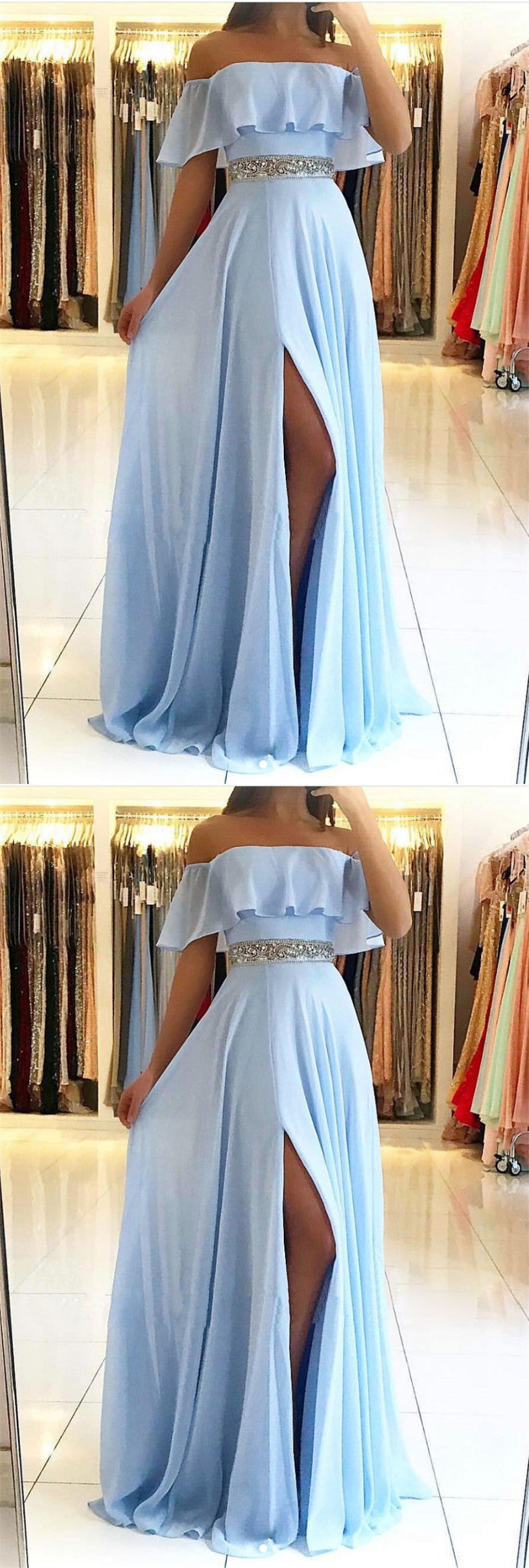 LTP0601,Blue off the shoulder chiffon beaded long prom dresses