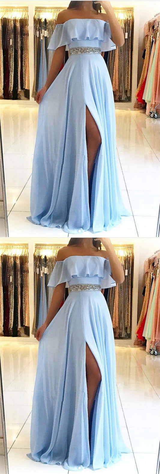 LTP0601,Blue off the shoulder chiffon beaded long prom dresses