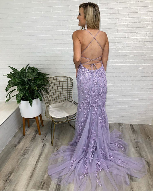 LTP0901,Lavender prom dress applique mermaid evening dresses tulle prom dresses
