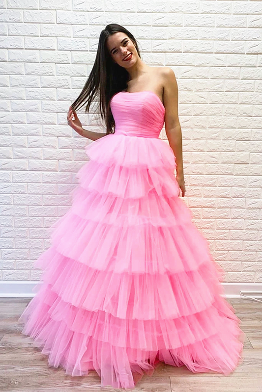LTP0950,Pink Tulle Sweet 16 Dresses Princess Strapless Long Formal Prom Dresses