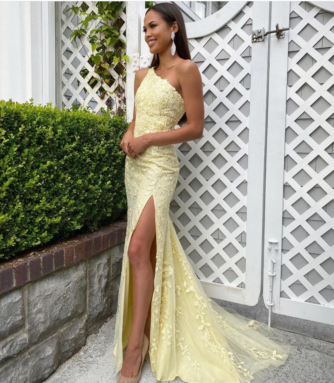 LTP1030,Pastel yellow one shoulder lace mermaid prom dresses with side slit