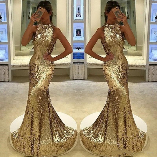 LTP0050,Halter Mermaid/Trumpet Gold Sequence Prom Dresses
