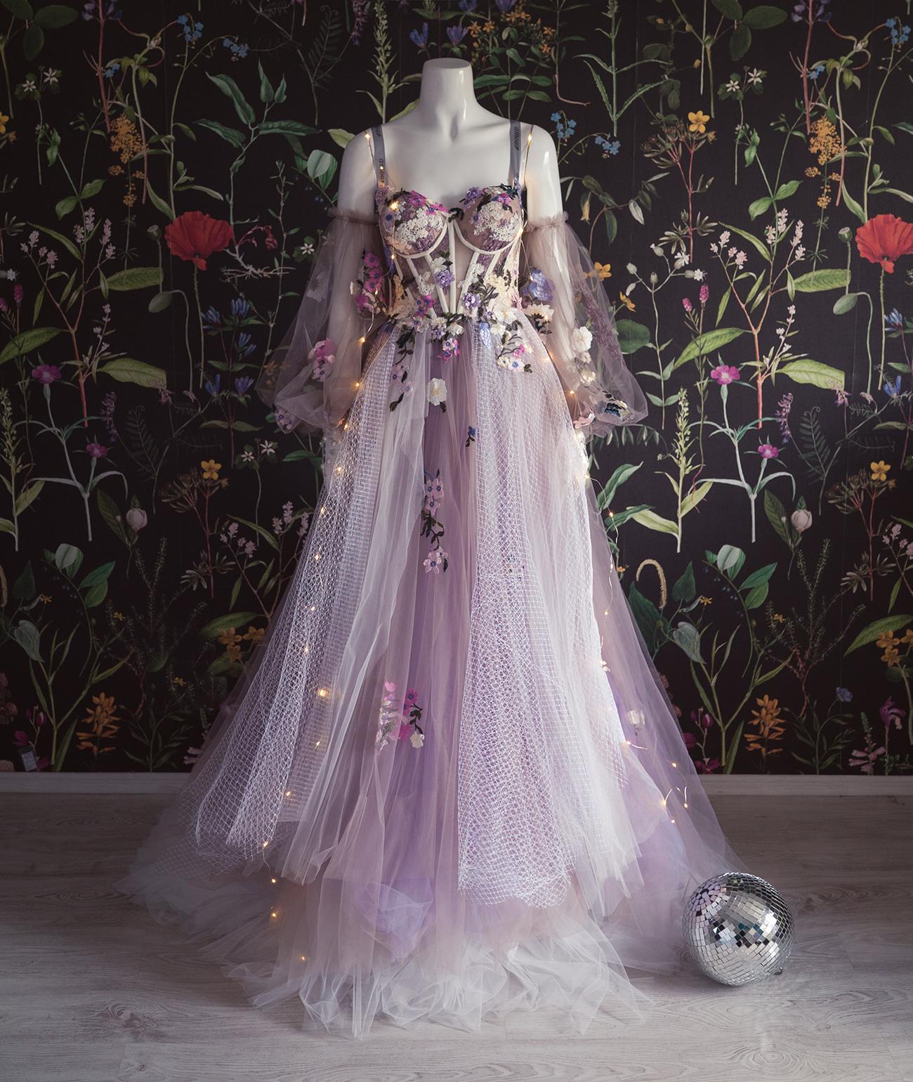 purple prom dress flowers Floral Long Violet Purple Lace Prom Dresses Lilac Formal Evening Dresses Pockets Custom Color / Custom Size