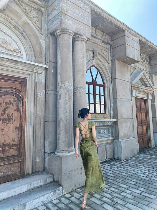 LTP1702, Olivia Green V-Neck Prom Dresses, Silk Satin Open Back Evening Party Dress