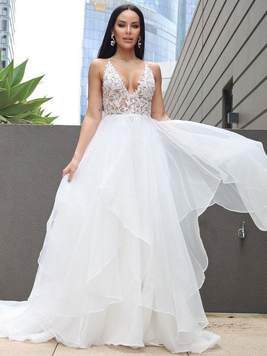 LTP1207,Ruffles Sweep/Brush A-Line/Princess V-neck Sleeveless Lace Train Wedding Dresses