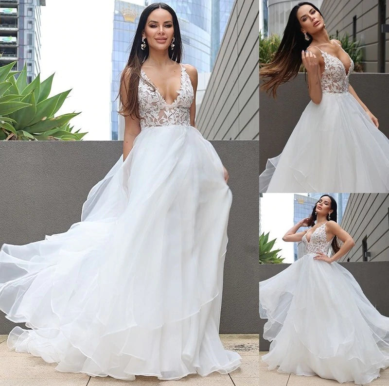 LTP1207,Ruffles Sweep/Brush A-Line/Princess V-neck Sleeveless Lace Train Wedding Dresses