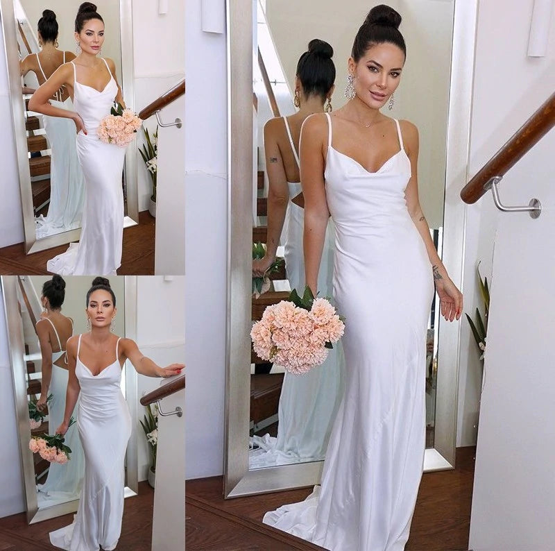 LTP1214,Sweep/Brush Charmeuse Sheath/Column Straps Spaghetti Ruched Sleeveless Train Wedding Dresses