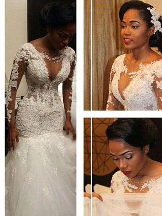 LTP1212,V-neck Floor-Length Long Lace Trumpet/Mermaid Sleeves Tulle Wedding Dresses