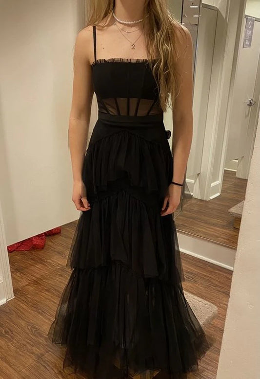 LTP1647,Spaghetti Strap Mesh Corset Gown Long Prom Dress Black Evening Dress