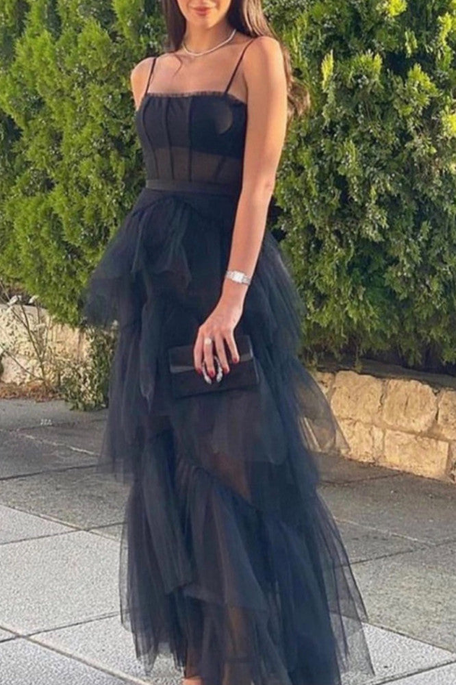 LTP1647,Spaghetti Strap Mesh Corset Gown Long Prom Dress Black Evening Dress