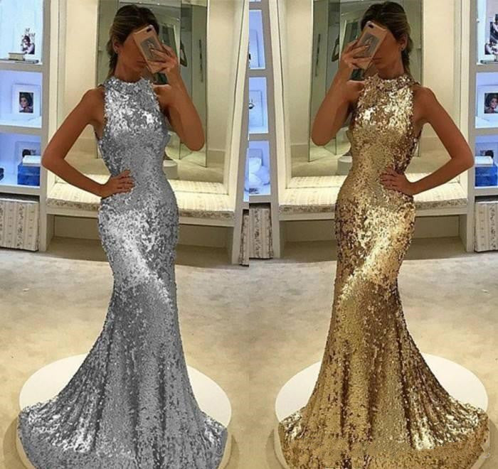 LTP0050,Halter Mermaid/Trumpet Gold Sequence Prom Dresses