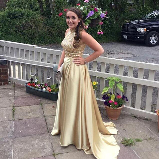 LTP0174,Luxury Gold Halter Beading A-Line Satin Long Prom Dresses Evening Dress Beaded Sleeveless Formal Gown