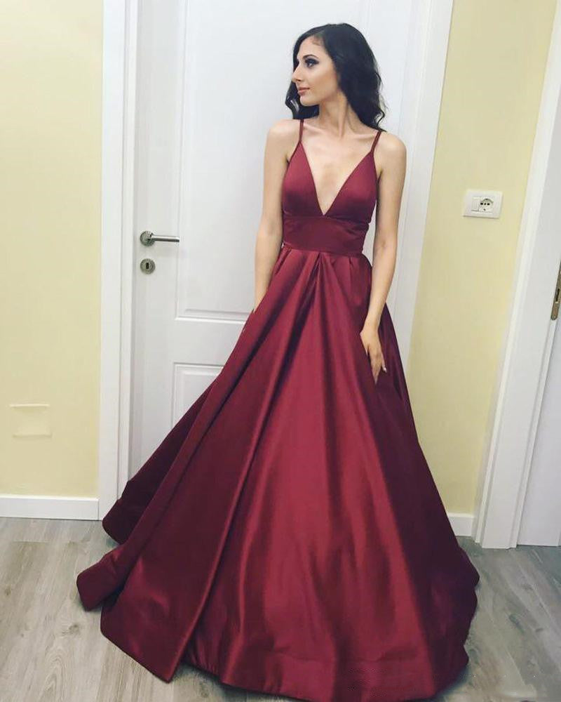 LTP0542,Burgundy Spaghetti Straps Ball Gown A-Line Satin Prom Dresses