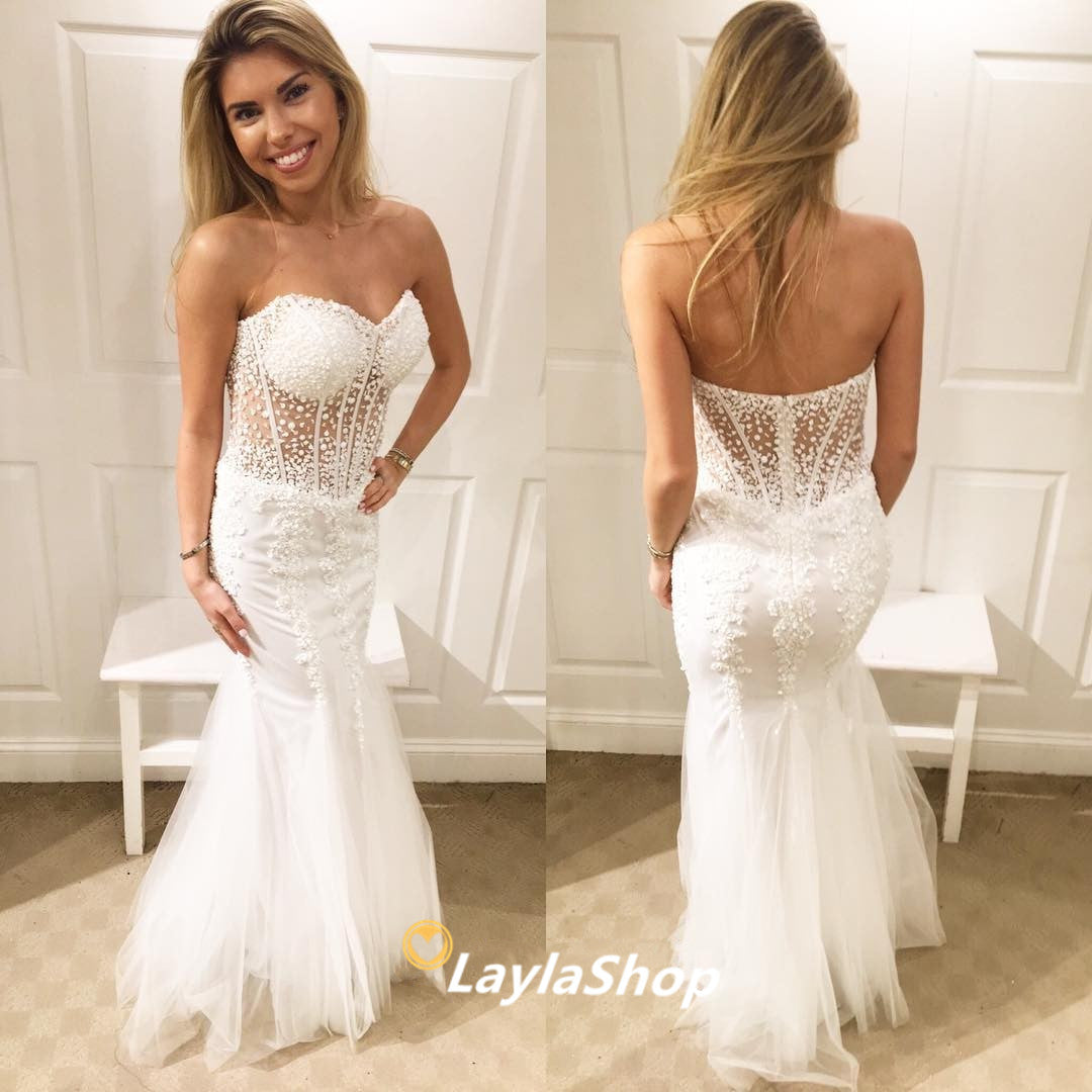 LTP0719,White Prom Dresses Sweetheart Beaded Evening Dress Tulle Merma