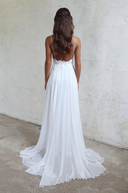 LTP1171,Boho White Beach Wedding Dresses,White Lace Chiffon Wedding Gown