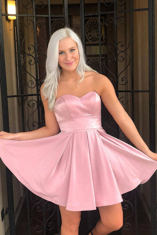 LTP1430,Sweetheart pink a-line satin homecoming dresses short back to school dress