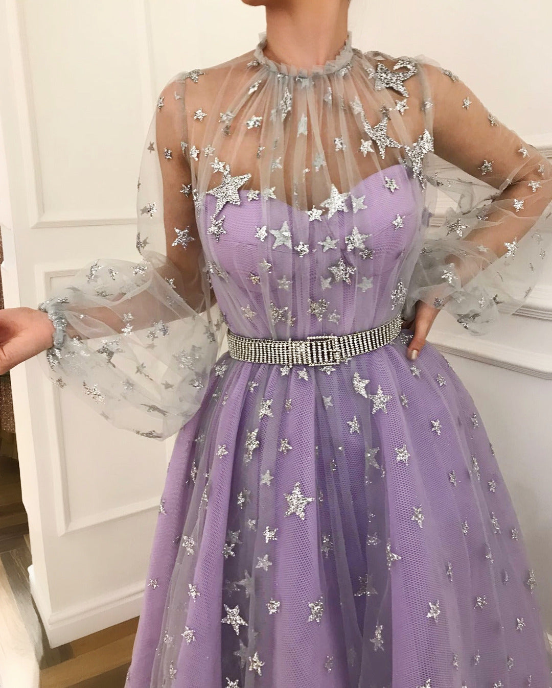 LTP0418,Sparkly A Line High Neck Floor Length Long Sleeve Star Lace Lilac Long Tulle Prom Dress