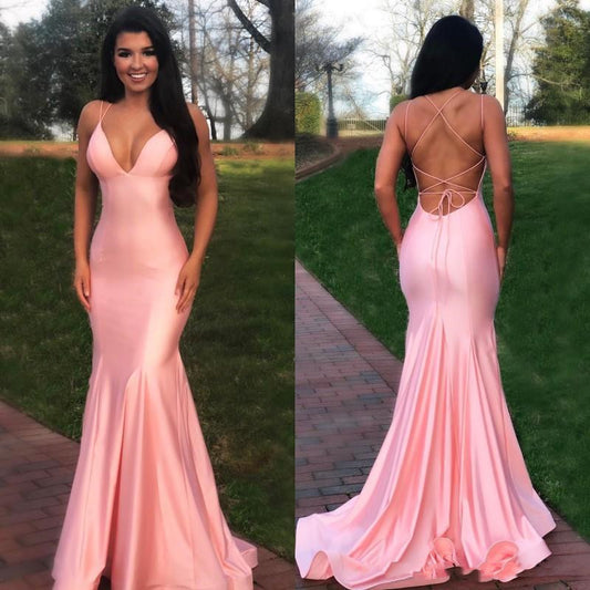 LTP0224,Beautiful Mermaid Pink V-Neck Sleeveless Sweep Train Criss-Cross Back Prom Evening Dress