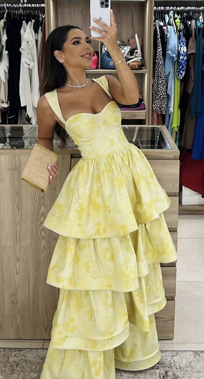 Yellow Dress Fashion Elegant Prom Dresses Vintage Princess Female Evening Party Dress