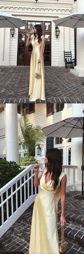 Simple A Line V neckline Yellow Long Prom Dresses