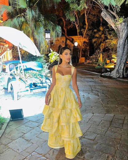 Yellow Dress Fashion Elegant Prom Dresses Vintage Princess Female Evening Party Dress