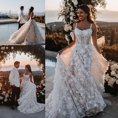3D Flowers Appliques Long Wedding Dress Princess Bridal Gown