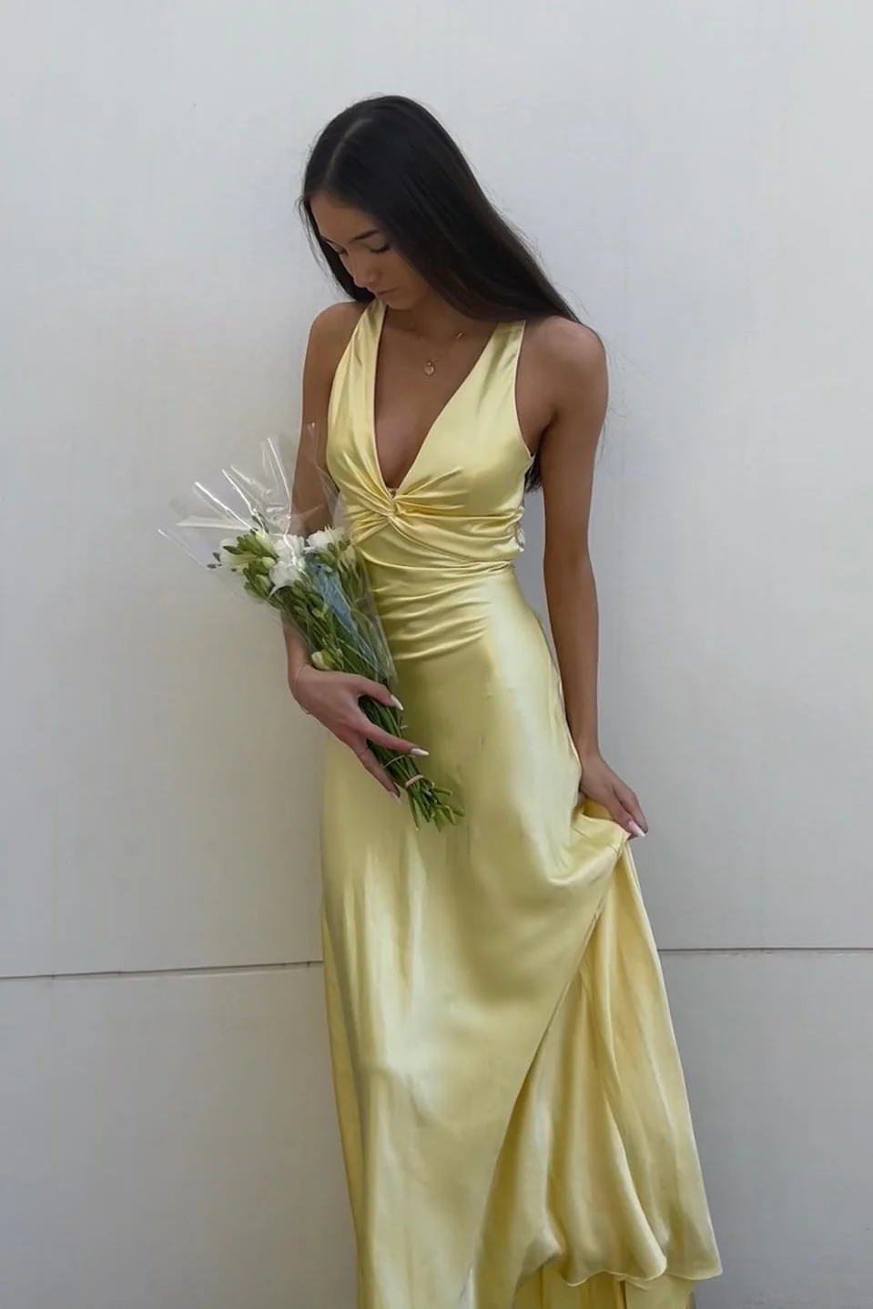 Yellow Prom Dress V Neck Evening Dress