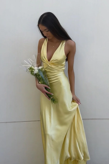 Yellow Prom Dress V Neck Evening Dress