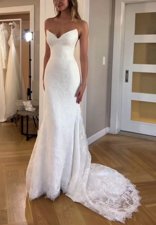 Mermaid V Neck Lace Long Wedding Dresses, Elegant Wedding Dress