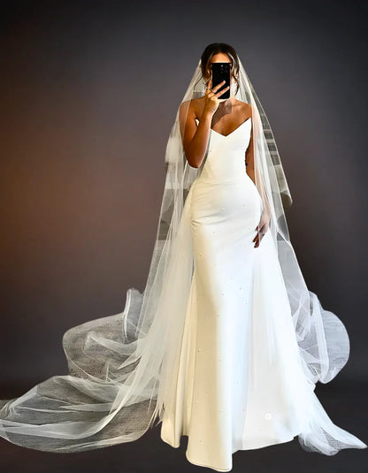 Mermaid Strapless White Satin Wedding Dresses with Pearls