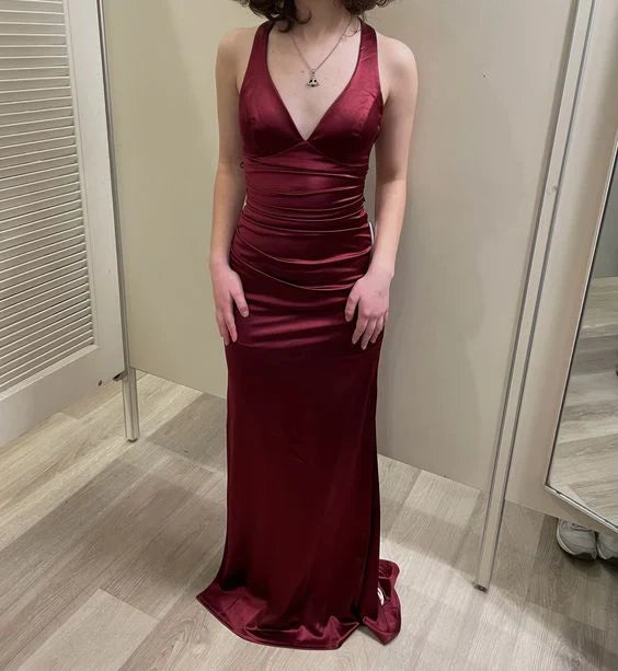 Simple Burgundy V Neck Long Party Dress Formal Prom Dress